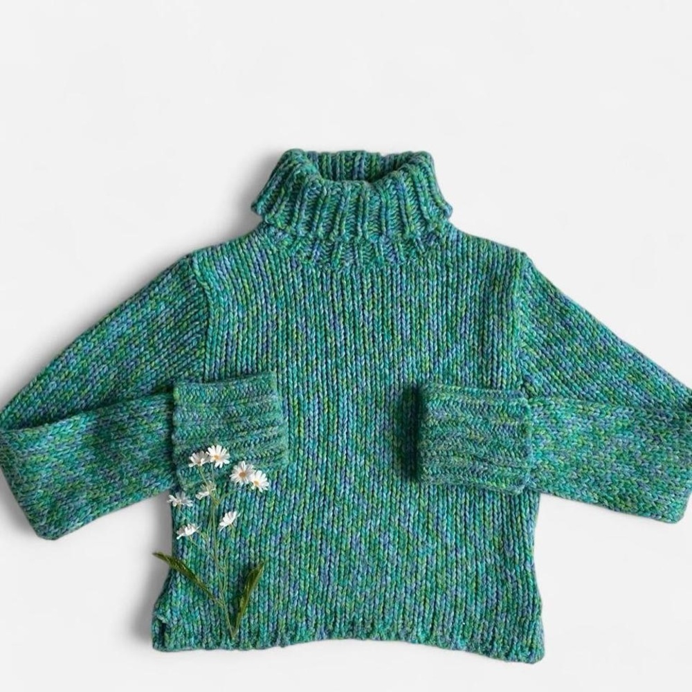 Vintage cropped chunky blue green turtleneck sweater